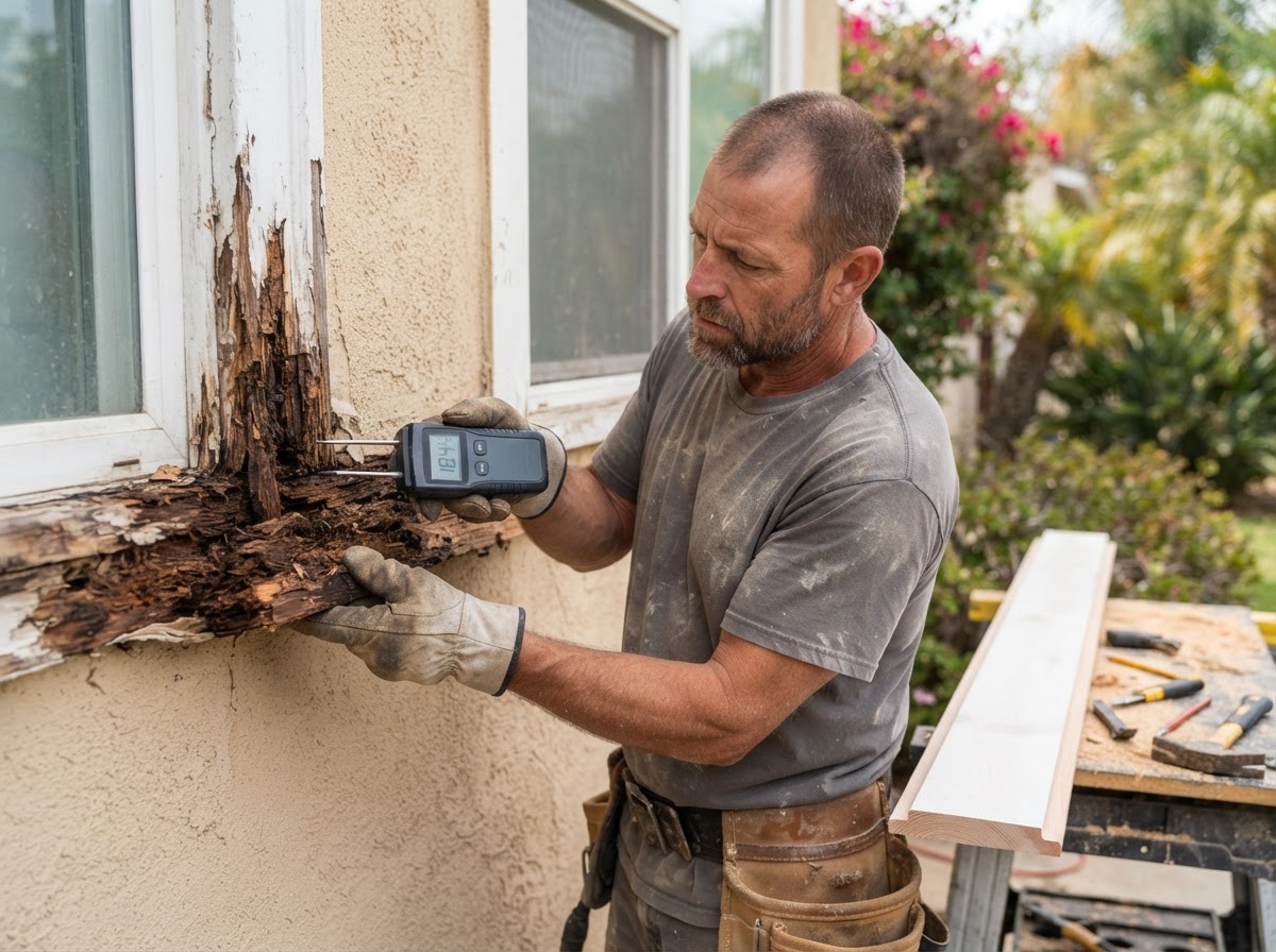 Carpenter inspecting deteriorated exterior wood with a moisture meter before replacing rotted trim