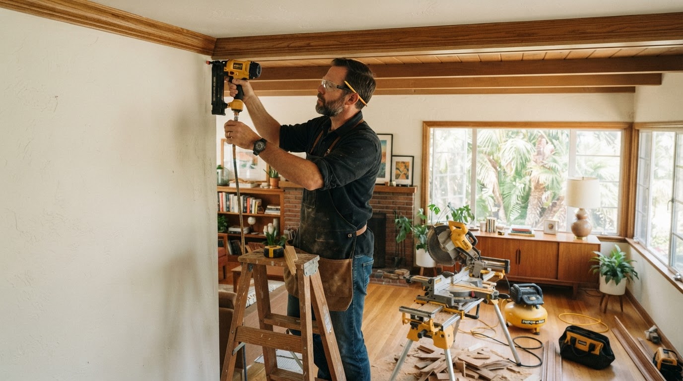 Finish carpenter installing crown molding in a Whittier area interior