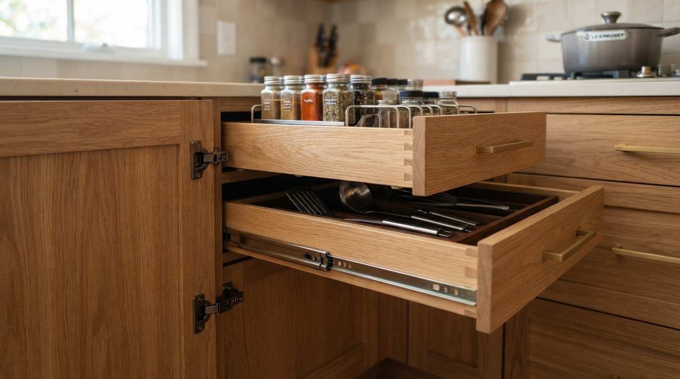 Custom kitchen cabinet storage and hardware detail for a Whittier project
