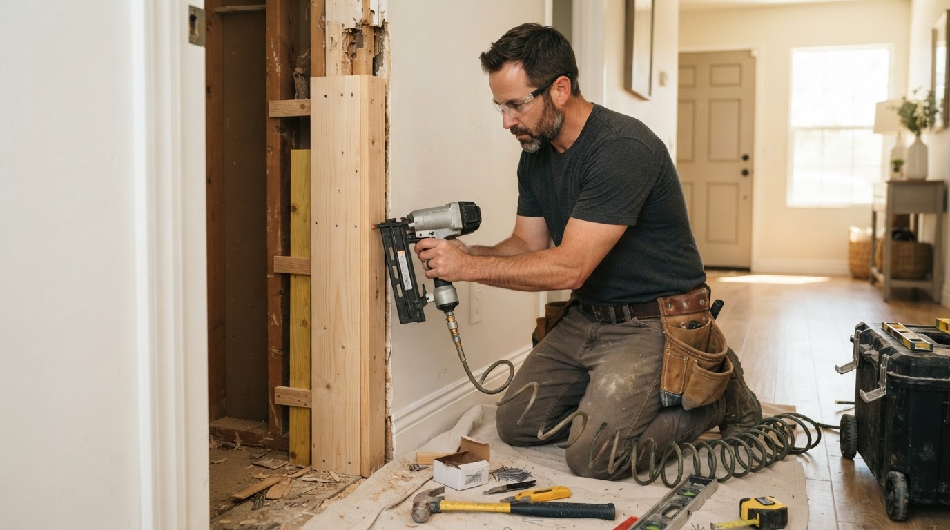 Carpenter repairing a damaged door frame and replacing a split door jamb in a Pico Rivera area home