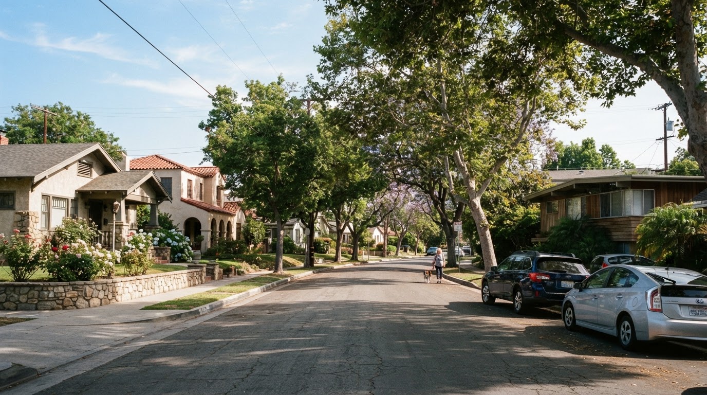 Established residential streetscape representative of Whittier, California