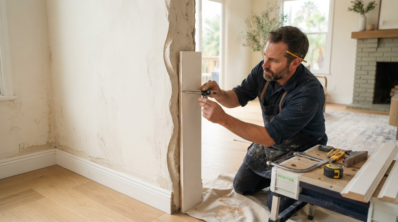 Finish carpenter scribing trim against an uneven wall in a Whittier home