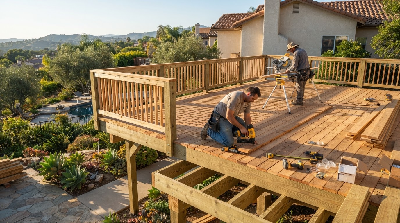 Roof and structural wood framing with rafters, beams, and structural connectors on a Southern California home addition
