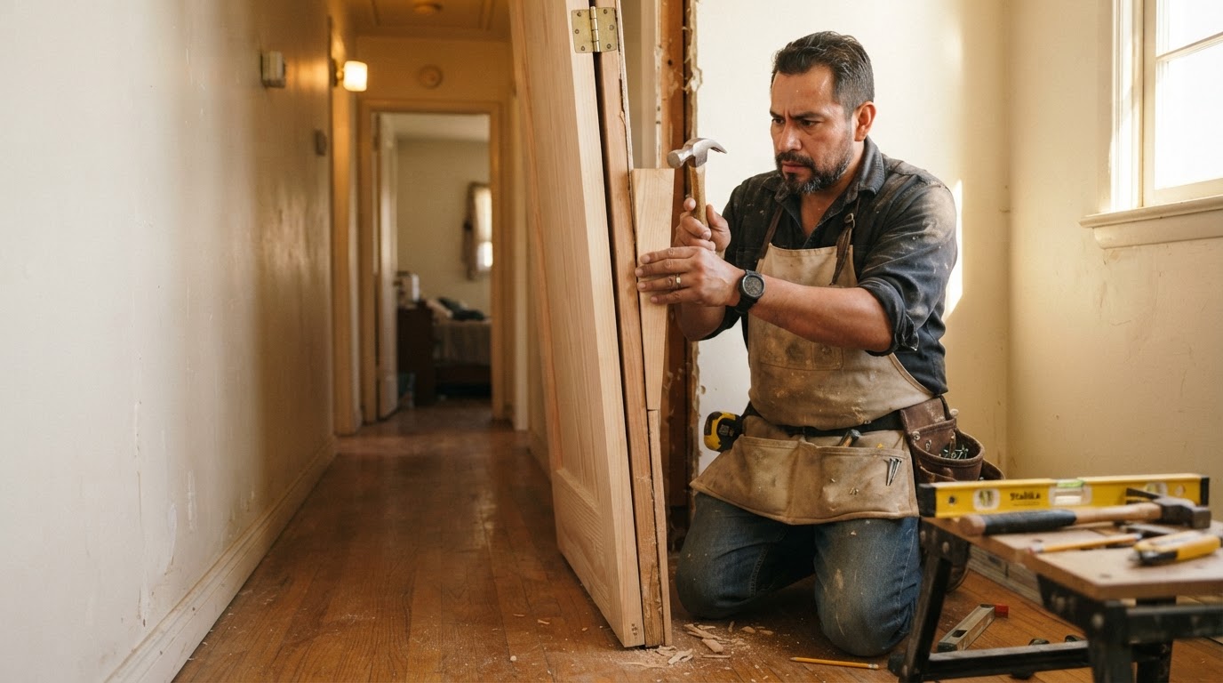 Carpenter installing an interior door in a Norwalk, CA area home