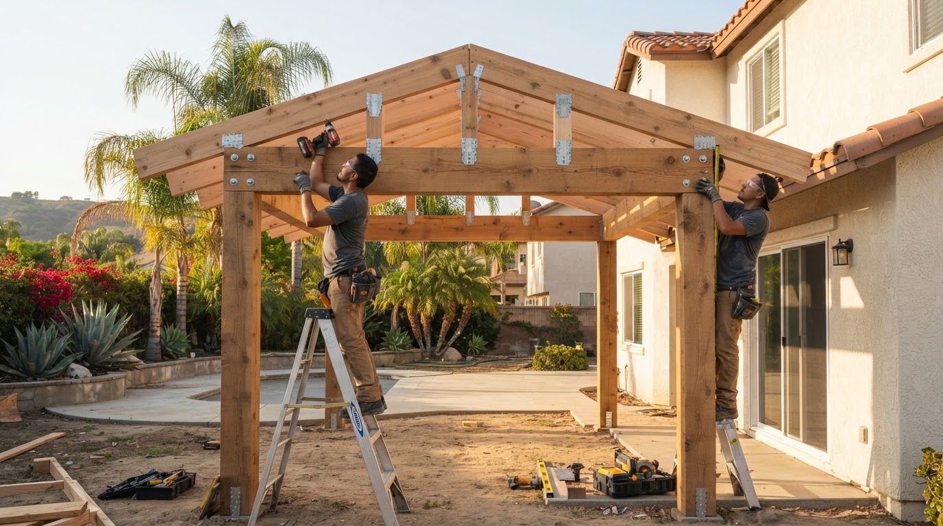 Wood patio cover under construction with posts, beams, and rafters in a Pico Rivera area backyard