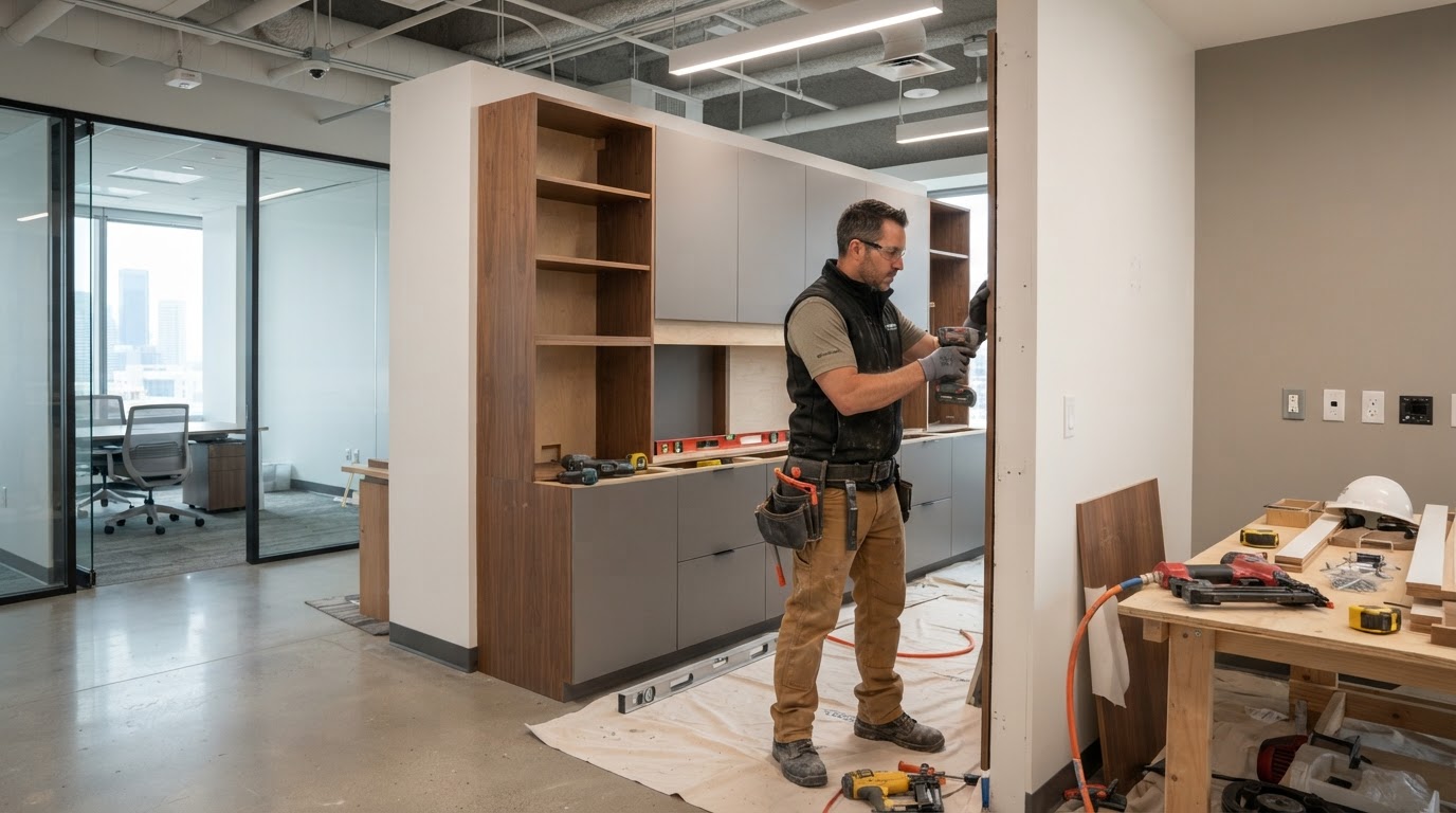 Commercial carpenter installing custom millwork in a Los Angeles County workspace