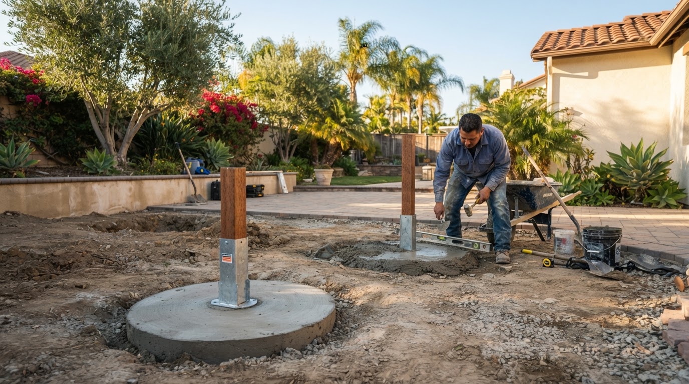 Carpenter tightening and reinforcing a loose deck railing with structural fasteners in a Southern California backyard