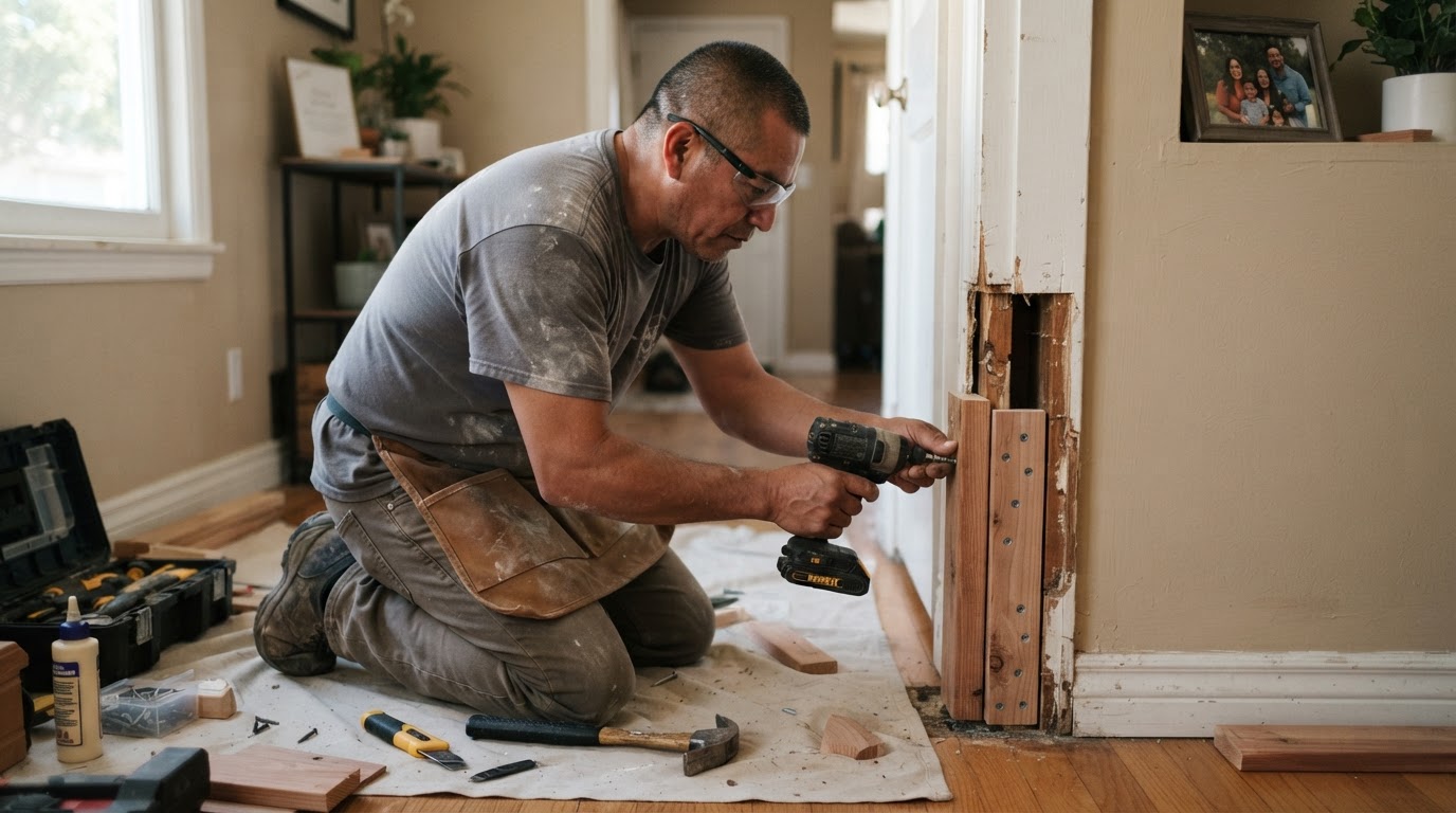 Carpenter repairing a damaged door jamb in a Norwalk, CA area home