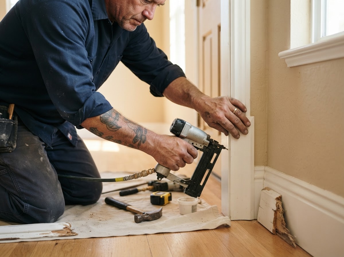 Carpenter repairing damaged wood trim with replacement stock in a Southern California home