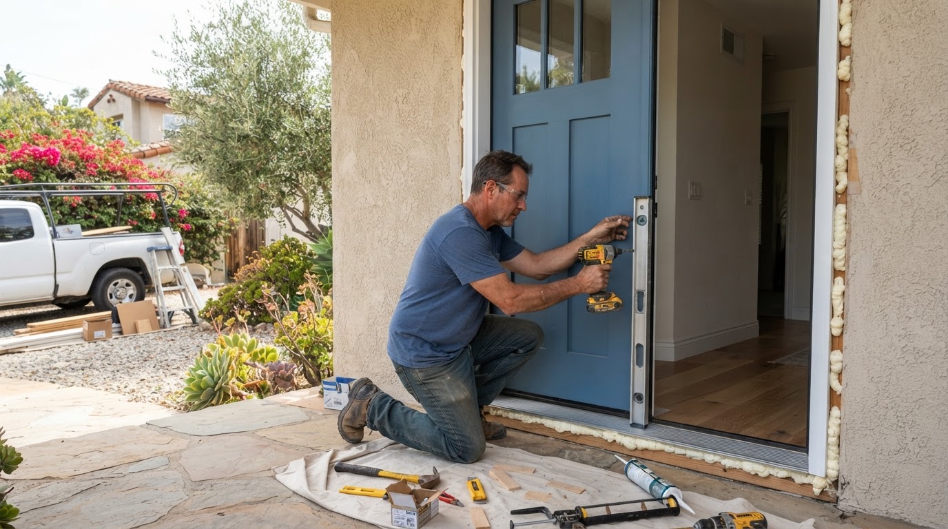 Carpenter installing an exterior door with threshold and weatherstripping in a Whittier area home