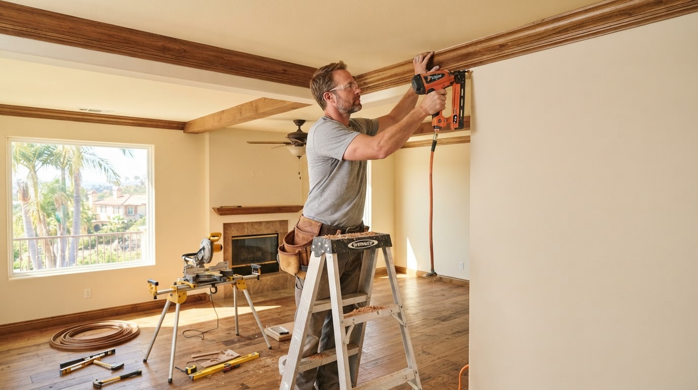 Carpenter installing crown molding at the ceiling of a Southern California living room