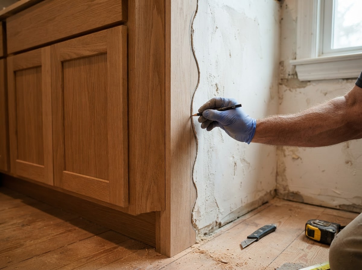Cabinet fillers and finished end panels fitted between cabinets and an uneven wall