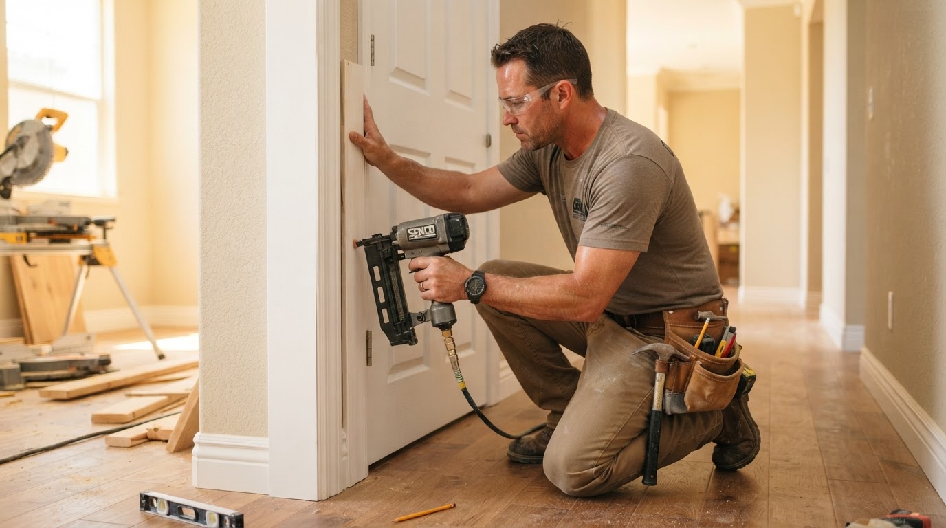Carpenter fitting replacement door casing around a repaired door opening in a Pico Rivera interior