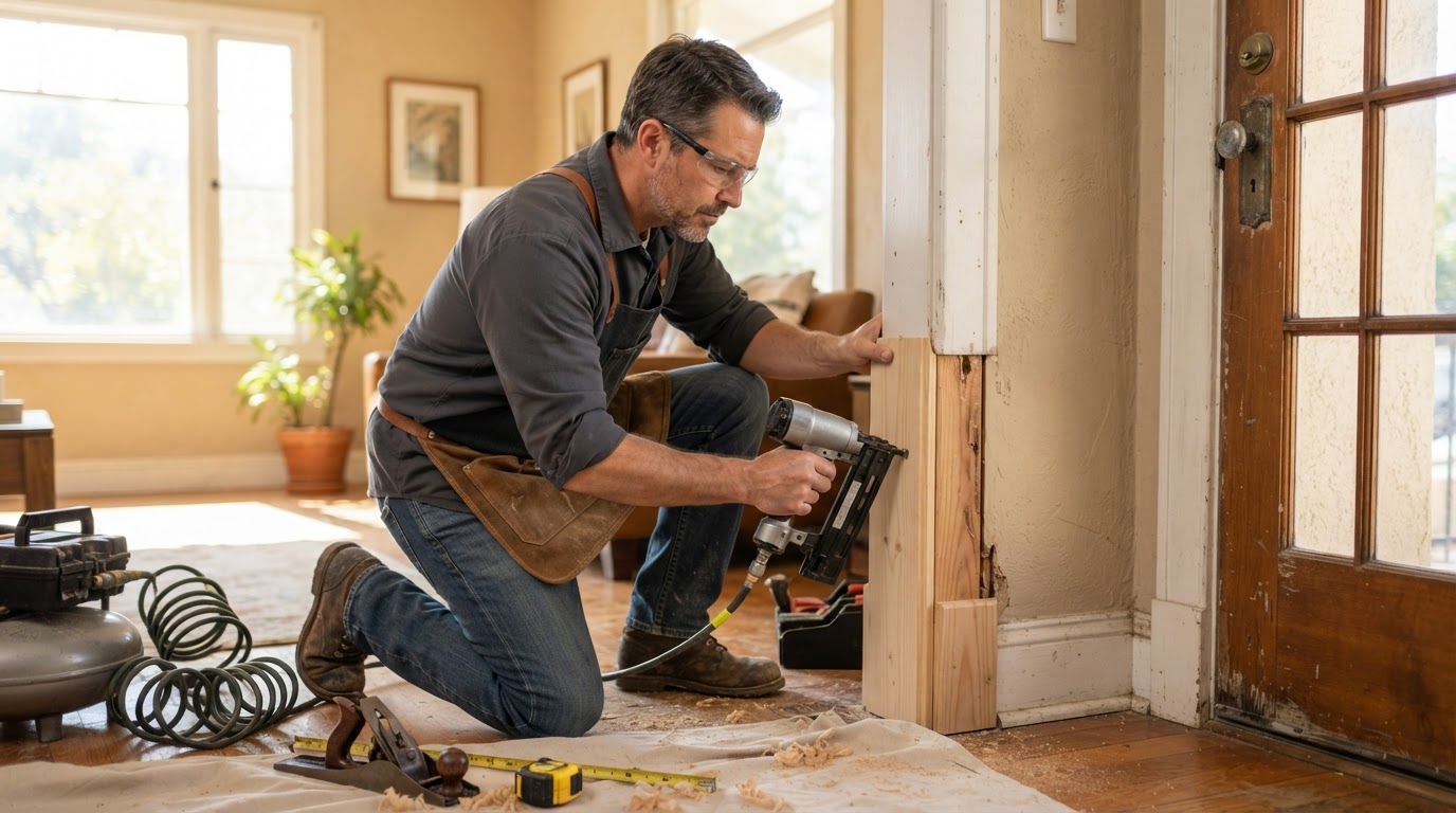 Carpenter repairing damaged wood trim and door casing in a Pico Rivera area home