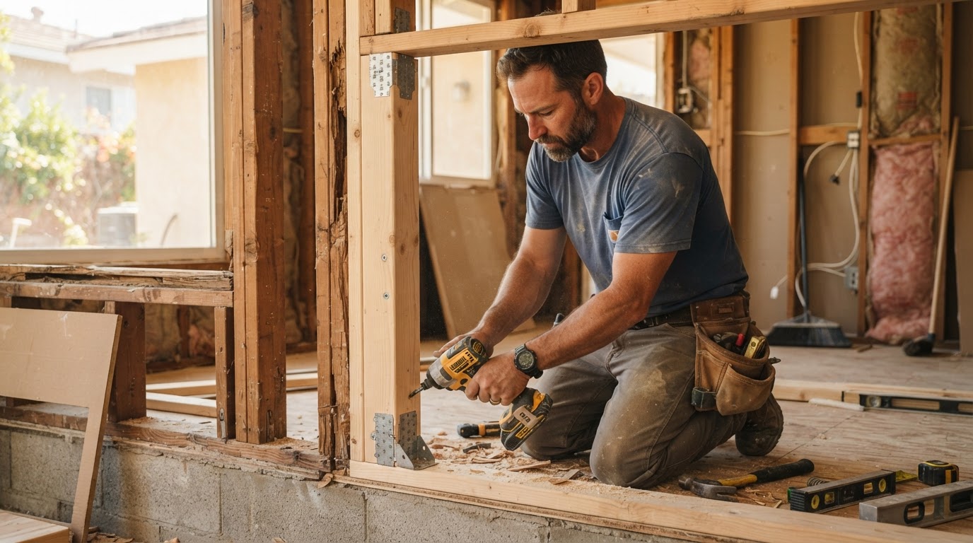 Floor joist framing with blocking and sheathing under construction in a Pico Rivera area home