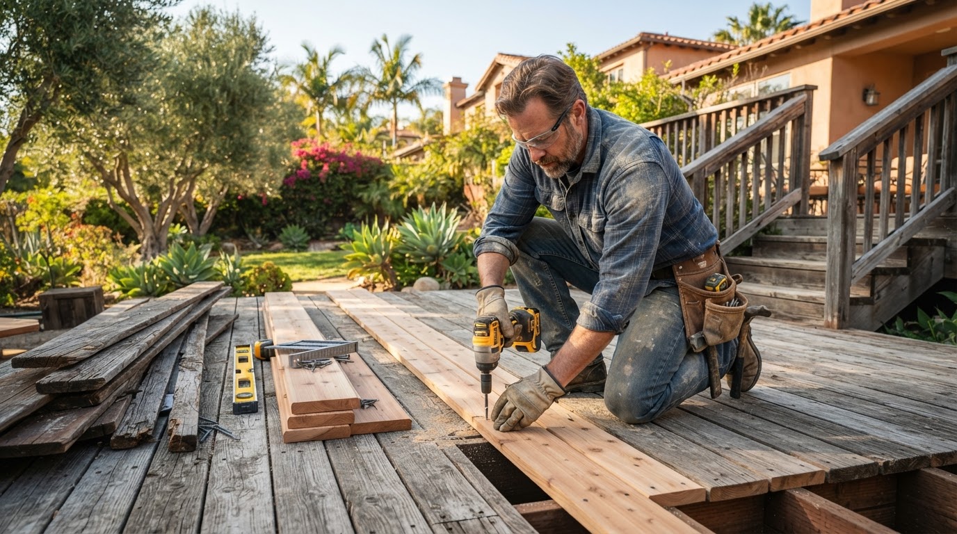 Carpenter replacing damaged deck boards on a weathered wooden deck in a Pico Rivera area backyard