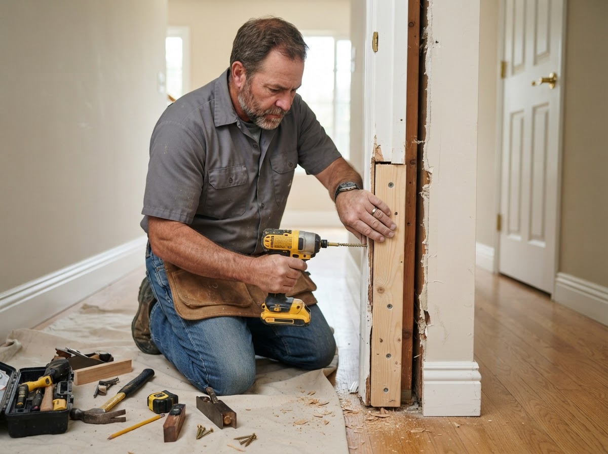 Carpenter reinforcing a damaged door frame jamb with structural screws and replacement wood stock