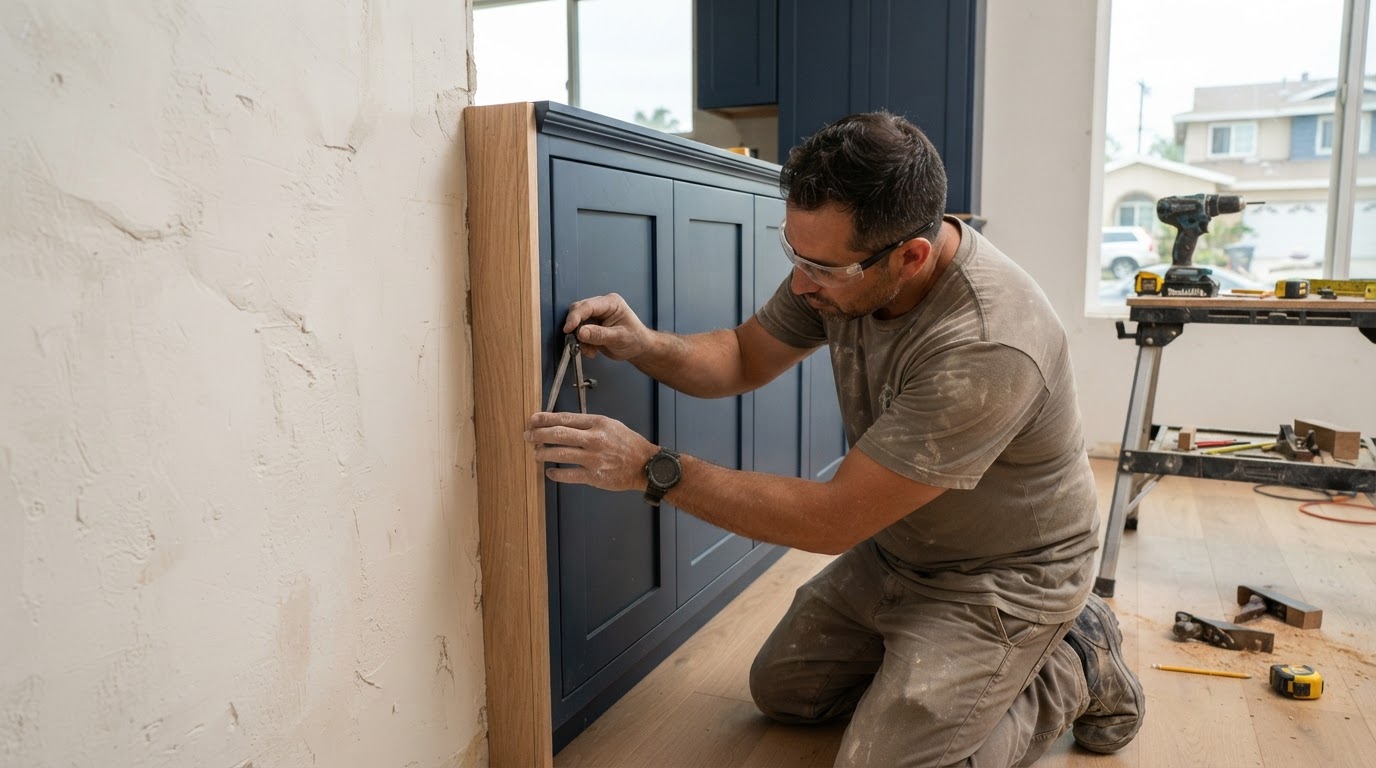 Carpenter scribing a cabinet filler to fit cabinetry against an uneven wall in La Mirada