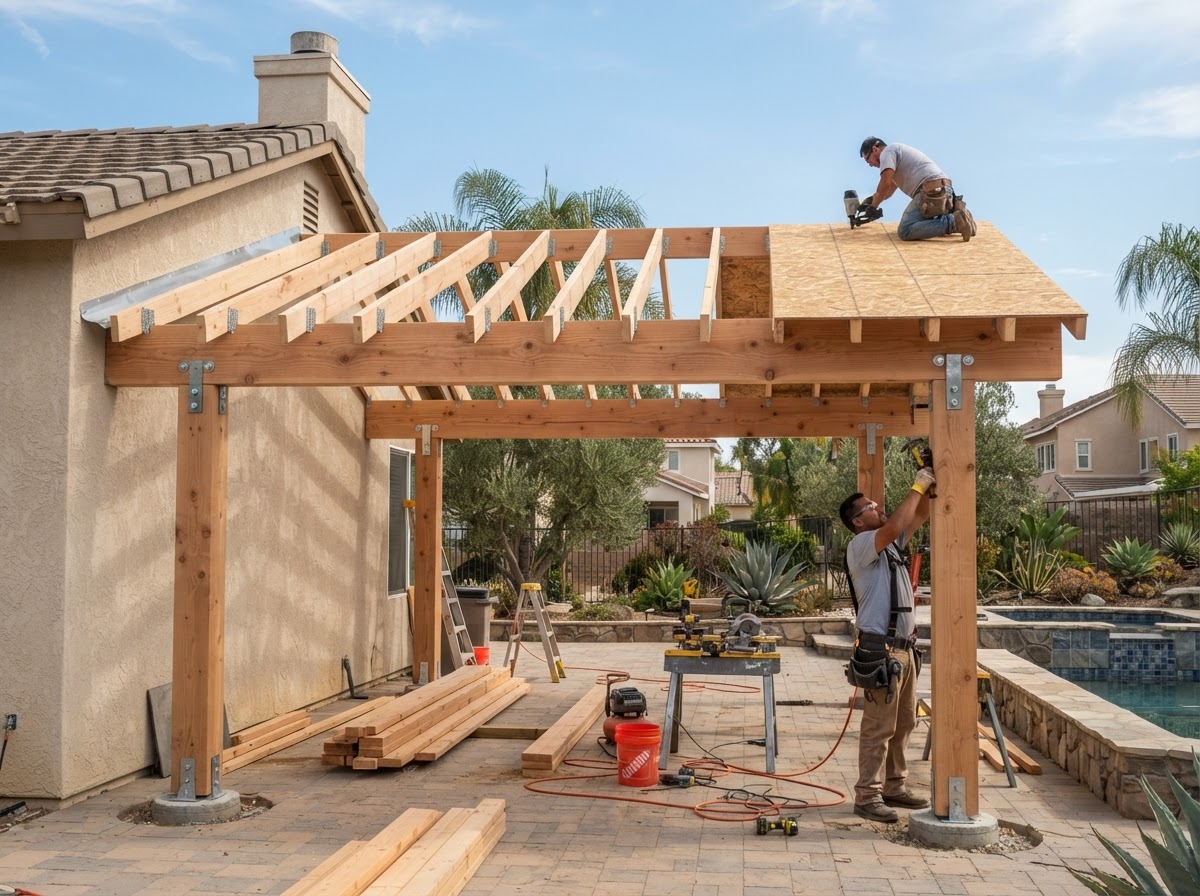 Wood patio cover framing with posts, beams, rafters, and roof sheathing in a backyard