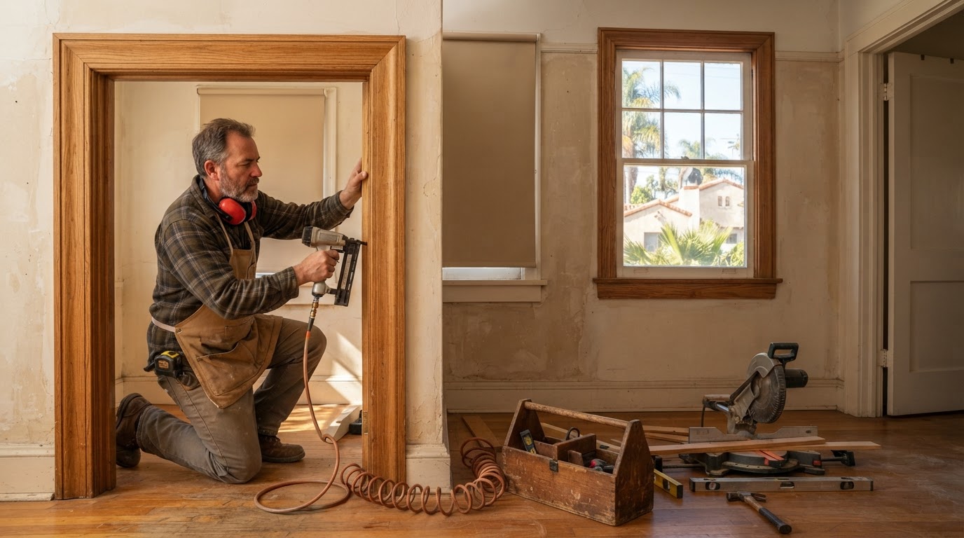 Finish carpenter installing door and window casing in a Montebello area home remodel
