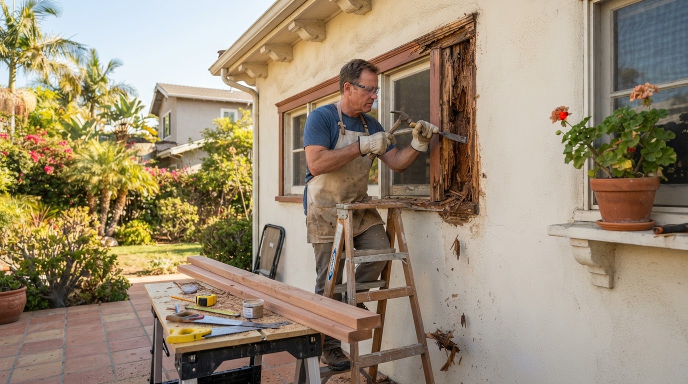 Carpenter repairing rotted exterior wood trim on a Pico Rivera area home with replacement lumber