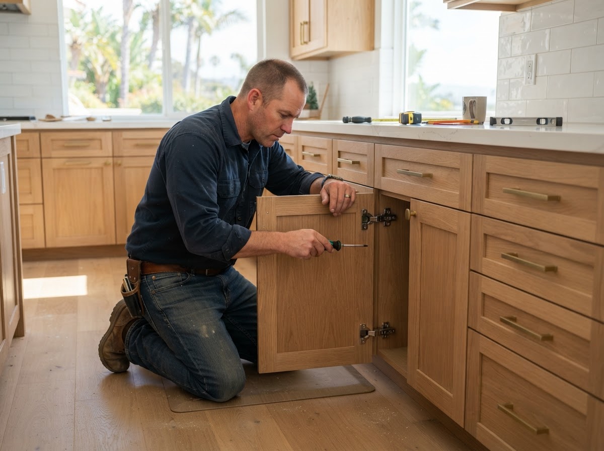 Carpenter adjusting cabinet door hinges and drawer alignment after installation