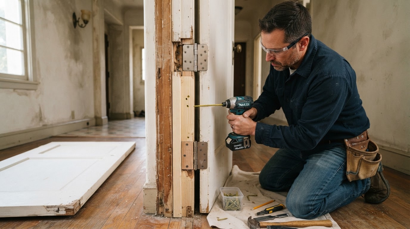 Carpenter repairing a damaged door jamb in a Whittier area home