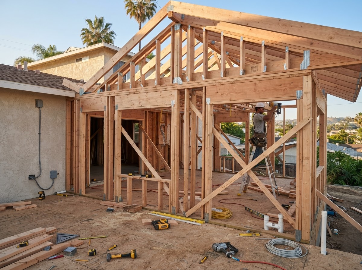 Wood framing with studs, plates, and joists for a Southern California addition