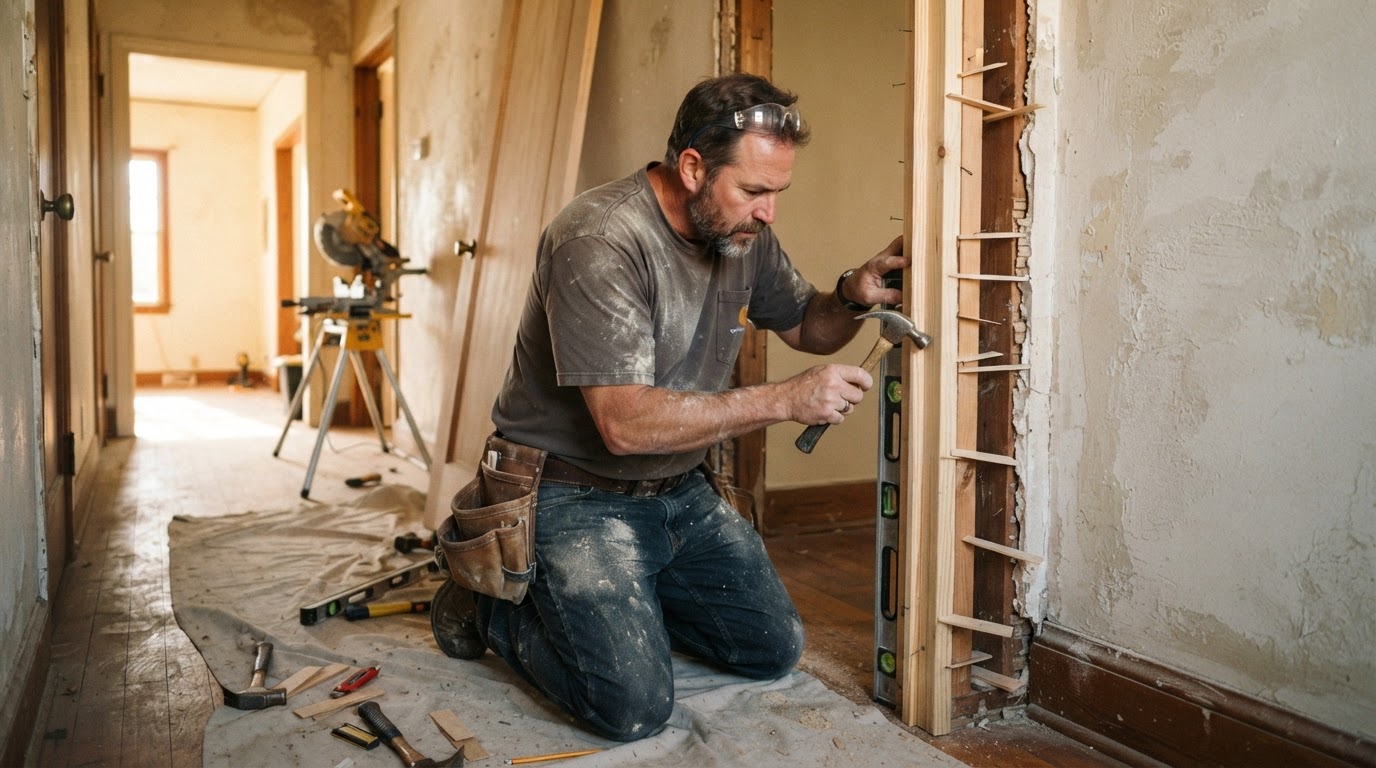 Carpenter installing an interior door in a Montebello area home