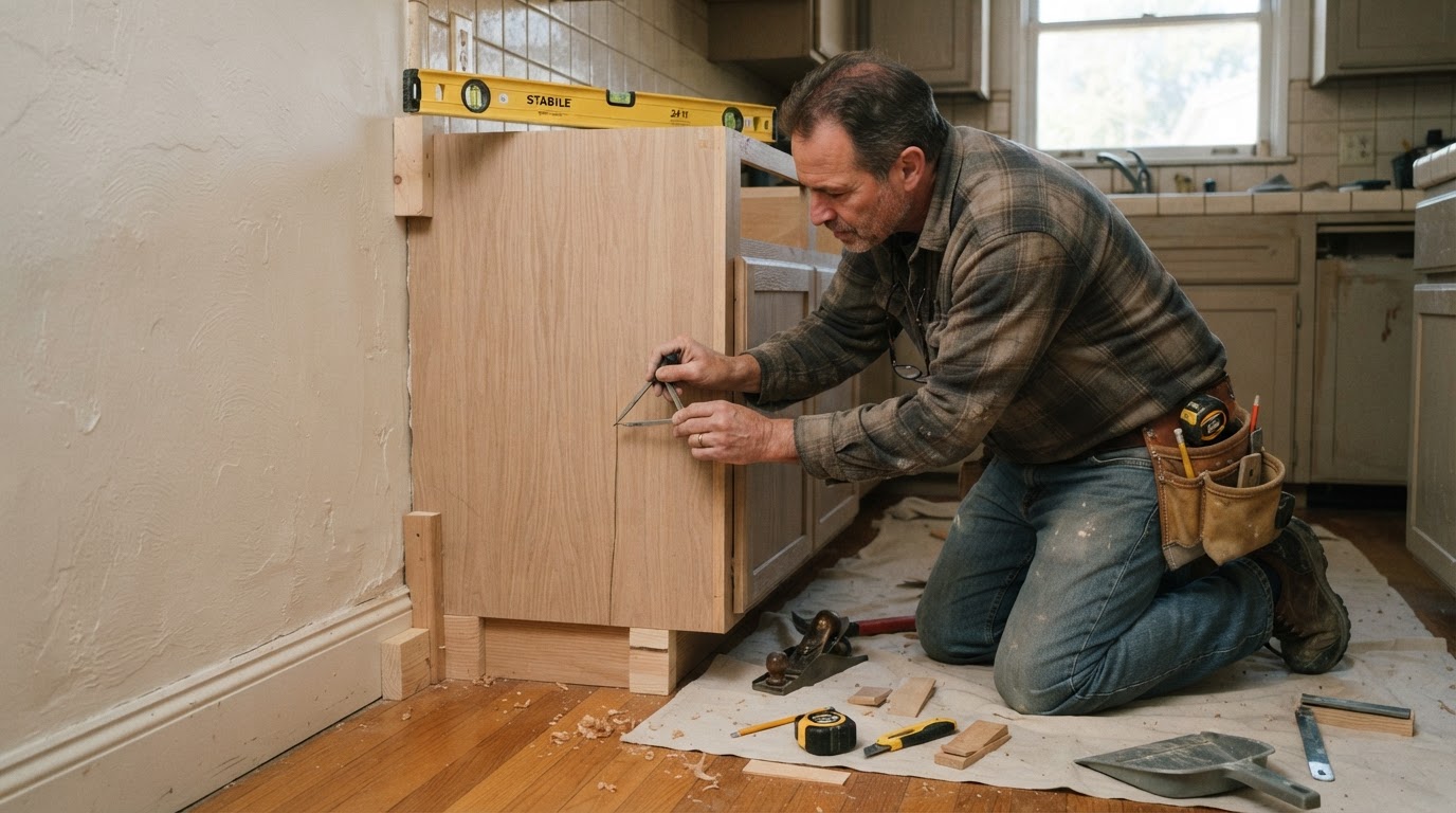 Carpenter aligning custom cabinetry in a Norwalk, CA area home kitchen