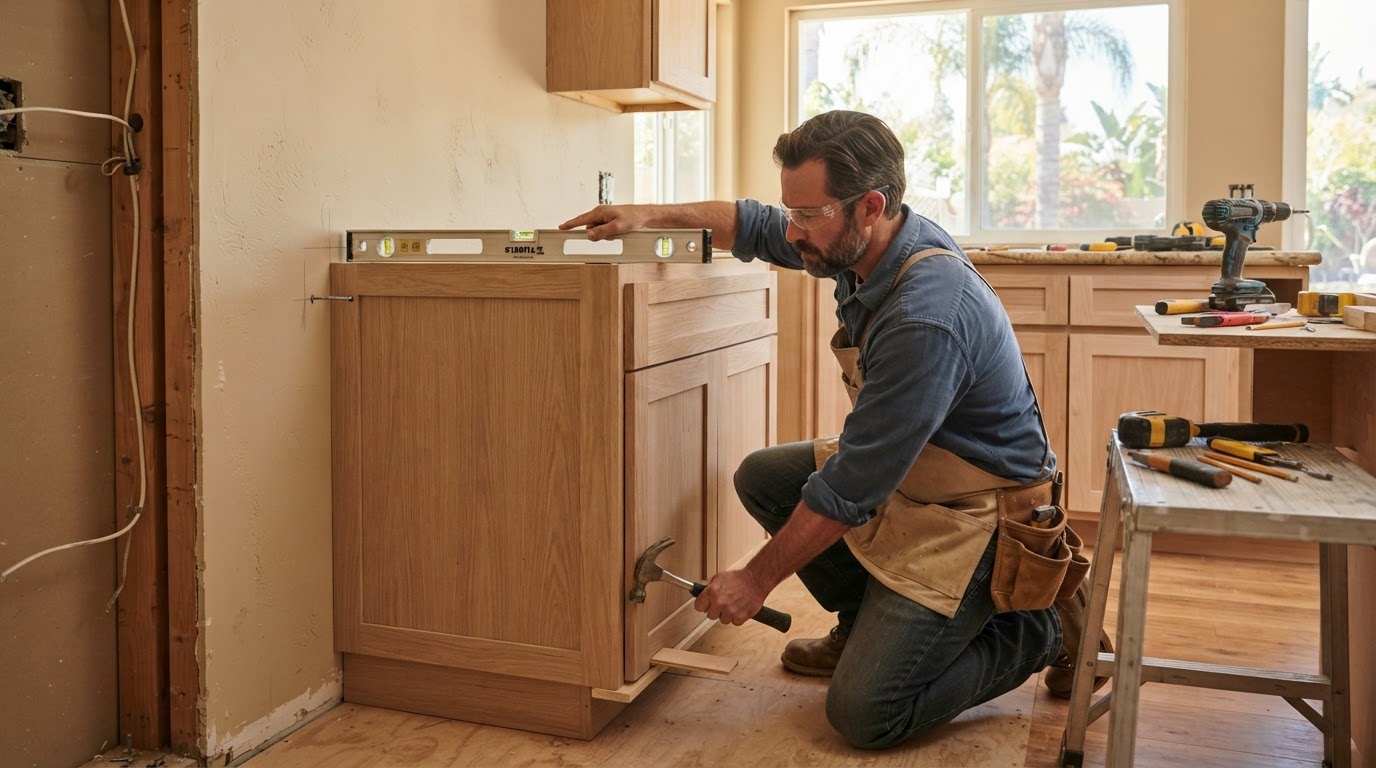 Carpenter installing kitchen base cabinets using a level and shims