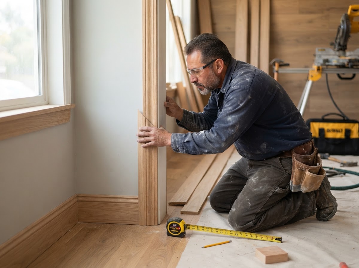 Finish carpenter checking trim fit during a Pico Rivera carpentry project