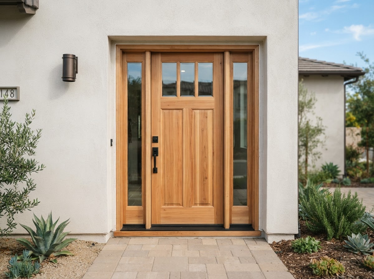Exterior entry door with threshold, sill pan, flashing, and weatherstripping