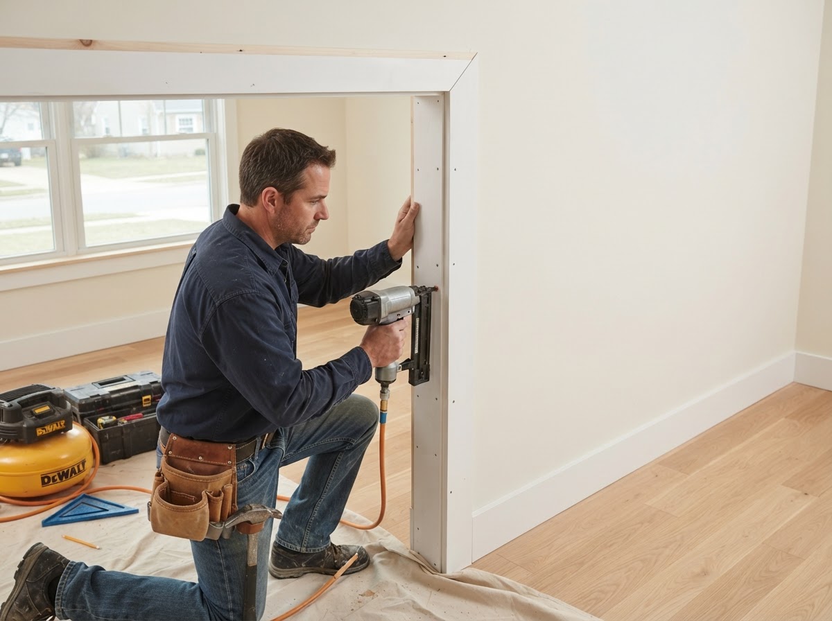 Door and window casing installation with miter joints and a consistent reveal