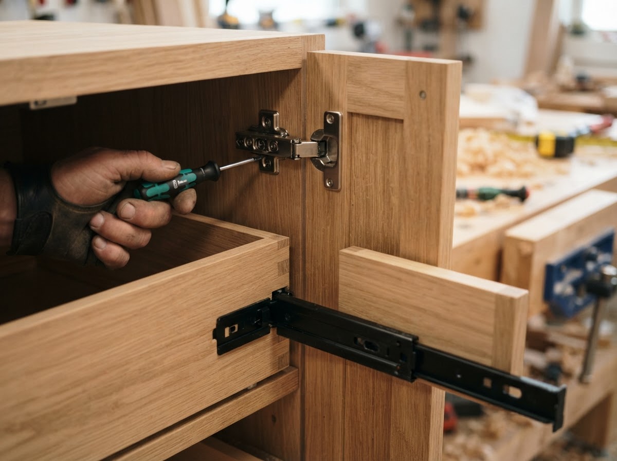 Soft-close cabinet hinges and drawer slide adjustment during finish carpentry