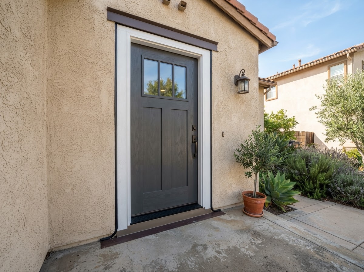 Exterior entry door installation with threshold and weatherstripping in a Rosemead home