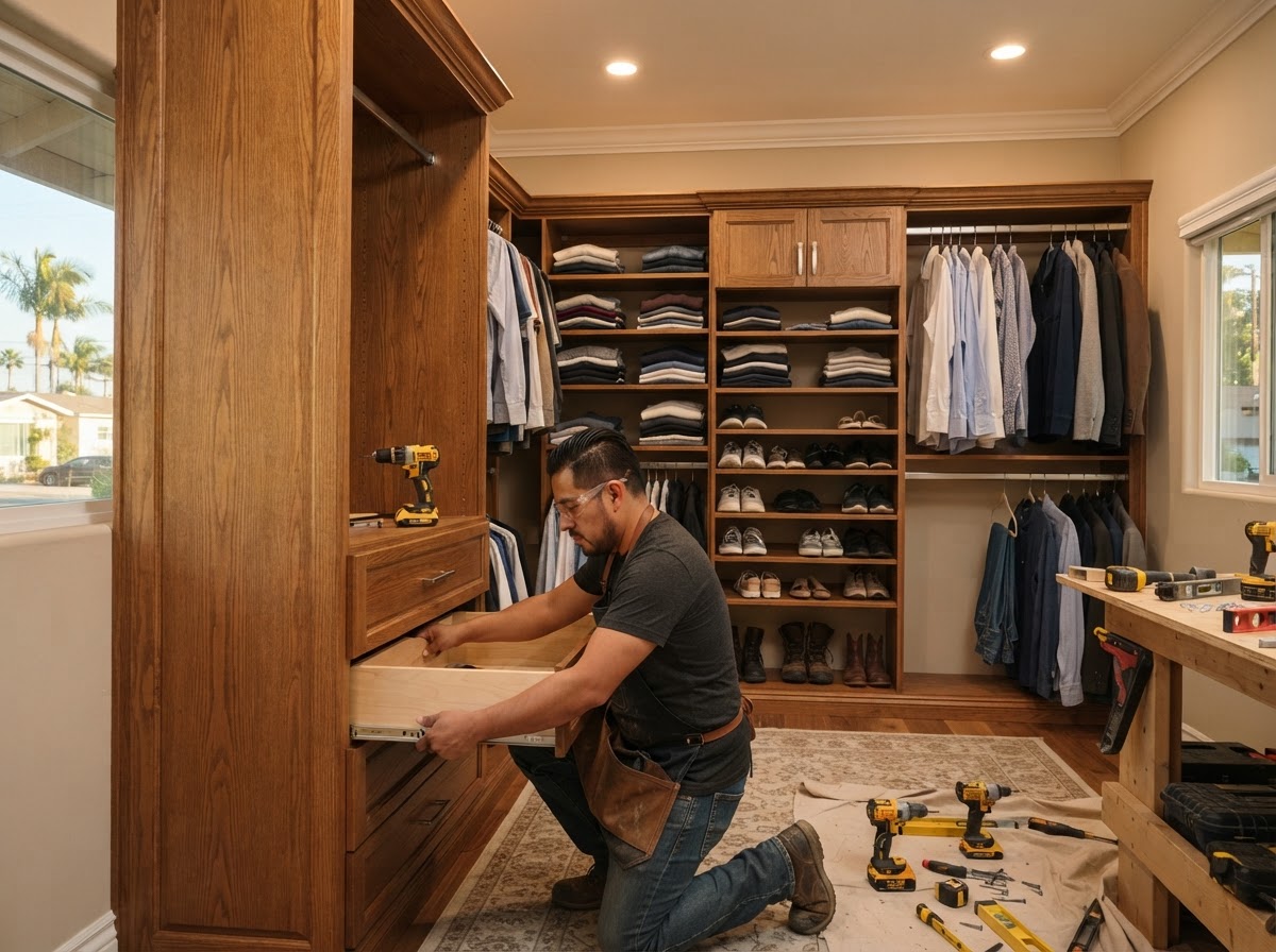 Reach-in closet storage system with custom shelving, a closet tower, adjustable shelves, and a hanging rod