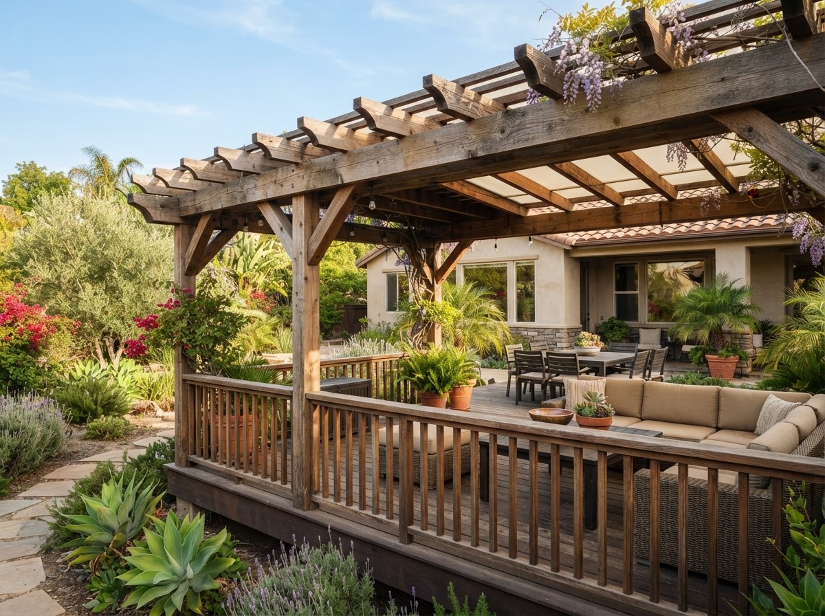 Deck railing and pergola carpentry for outdoor living in an Arcadia backyard