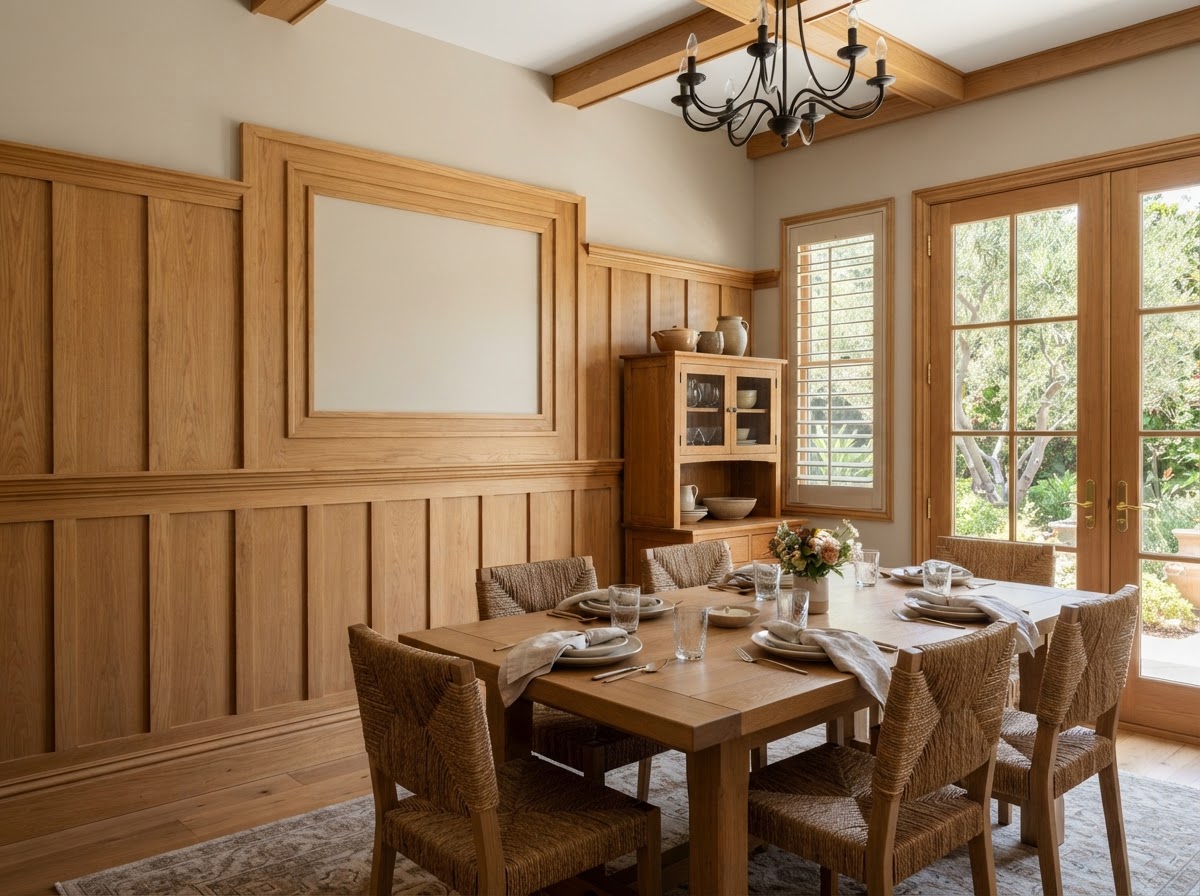 Wainscoting and wall paneling with rails, stiles, panel molding, and board-and-batten detail