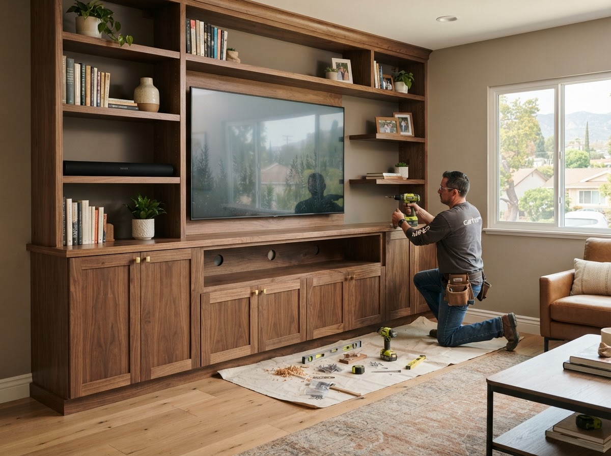Custom entertainment center built-in in an El Monte living room with a media wall, lower cabinets, open shelving, and a TV niche