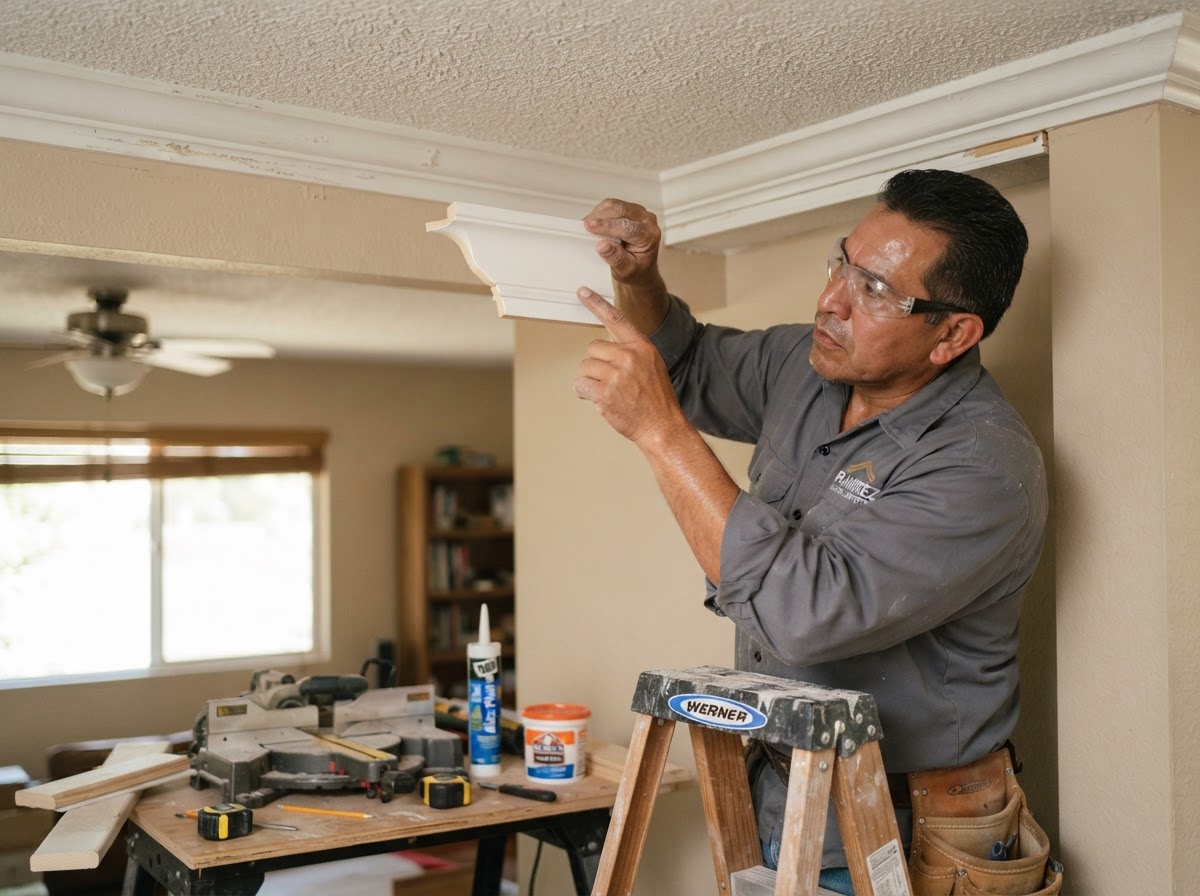 Carpenter matching an existing crown molding profile with a sample piece