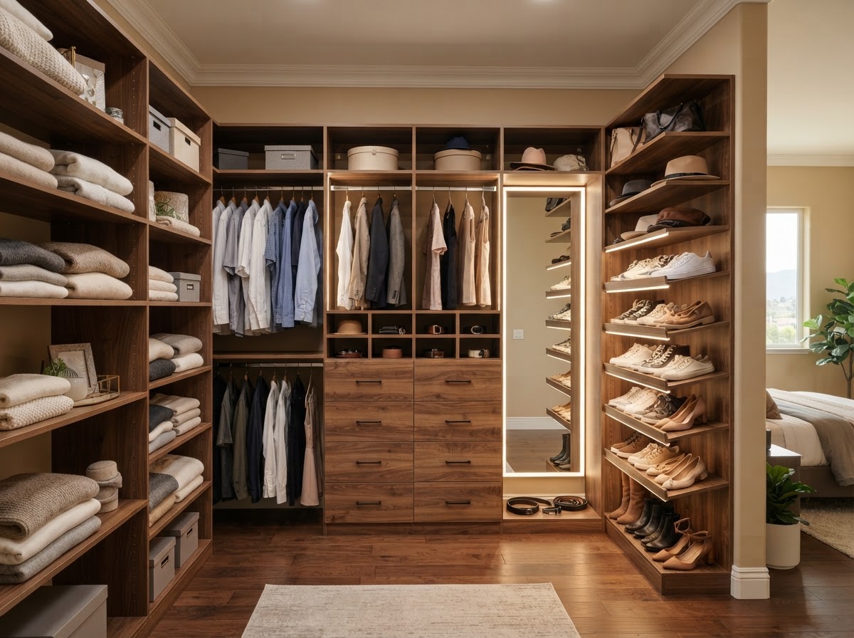 Full-wall entertainment built-in installation spanning a living room wall with cabinets and shelving
