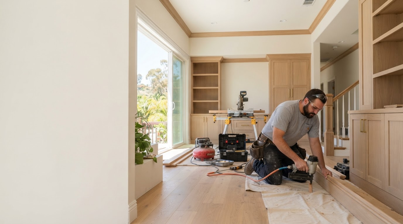 Carpenter completing custom finish work in an El Monte area home