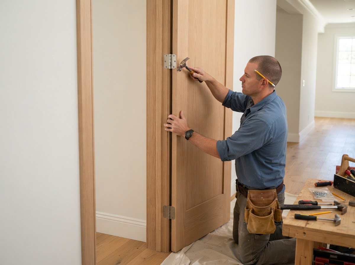 Interior door installation with hinges, jamb, and casing in an El Monte home