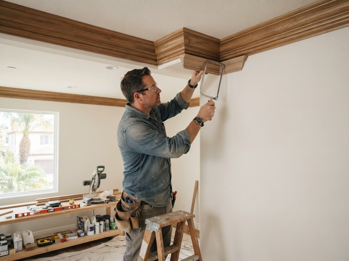 Finish carpenter fitting detailed molding in a realistic Southern California residential interior