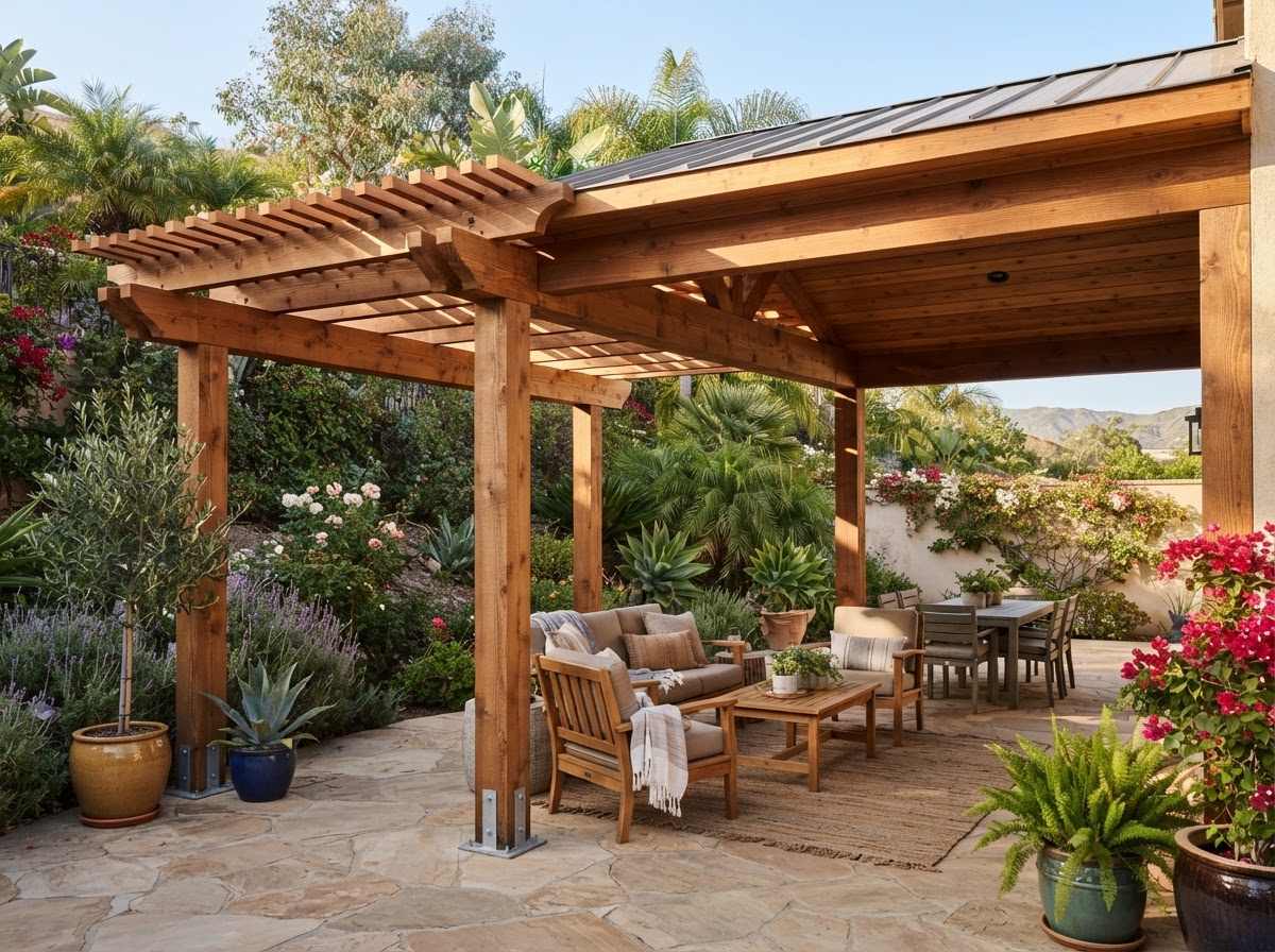 Custom wood pergola with rafters and beams over post bases in a backyard