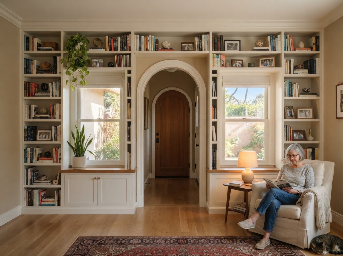 Custom shelving built around doors and windows in a San Gabriel home