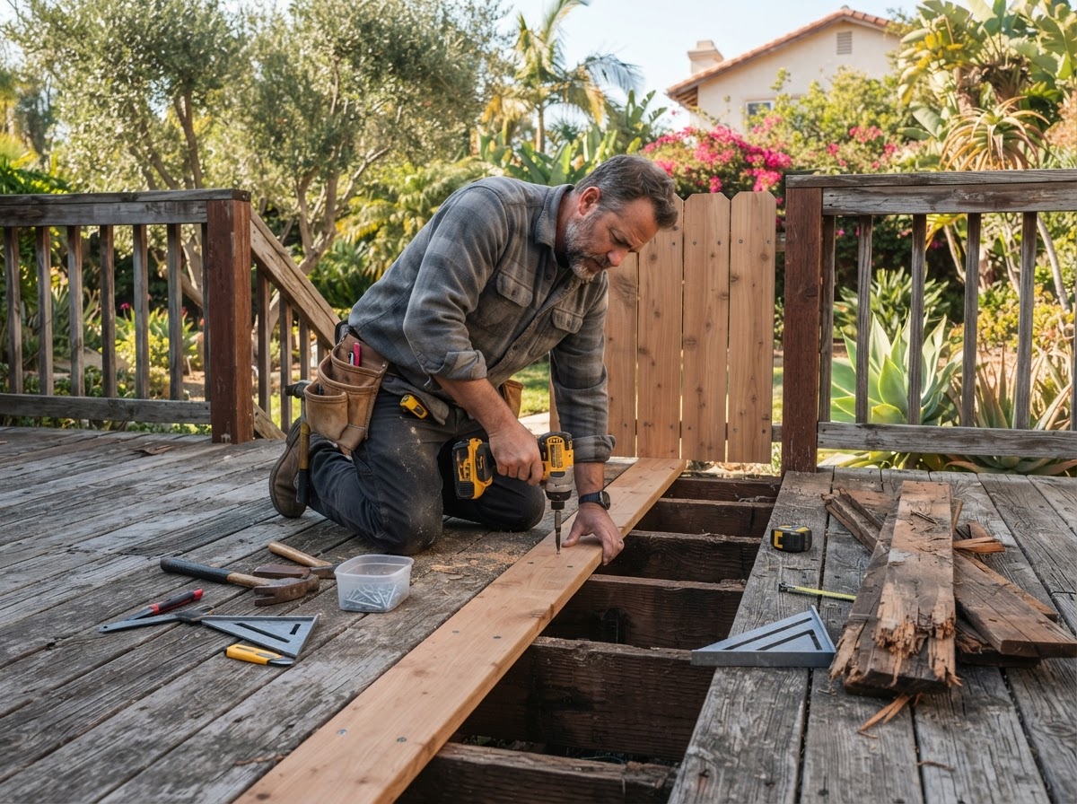 Carpenter repairing aging deck boards and railing components in an Arcadia yard