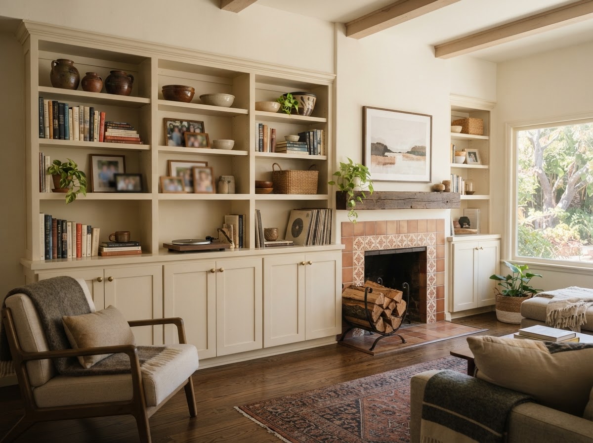Built-in storage cabinetry fitted to a living room wall in a Rosemead home