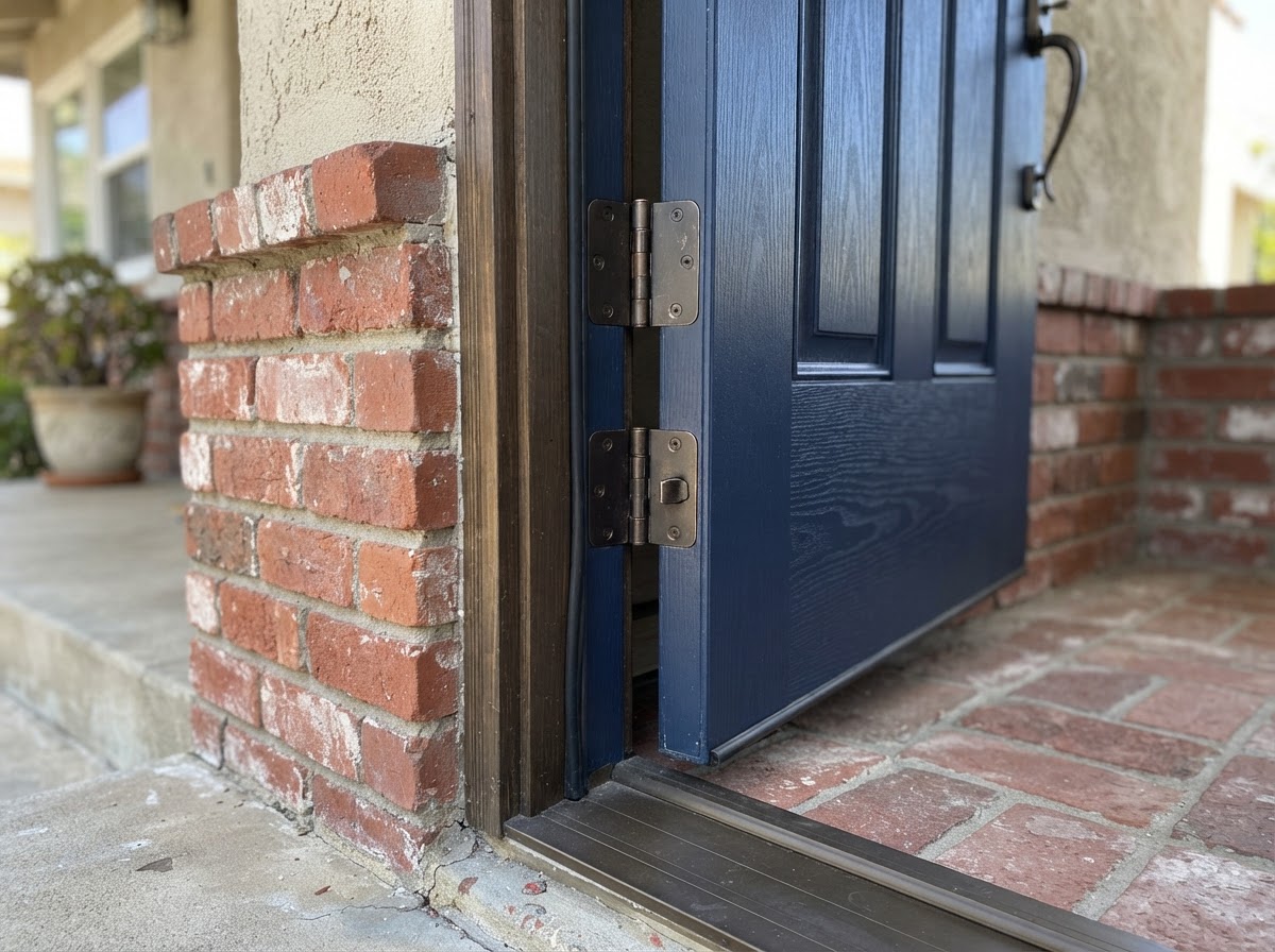 Exterior door fitting detail showing fiberglass entry door with jamb, hinges and deadbolt preparation